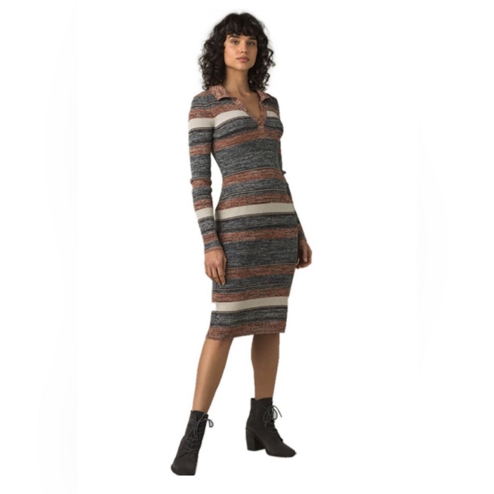 Prana Acadia Earth Tone Ribbed MIDI Organic Cotton Sweater Dress Size Large